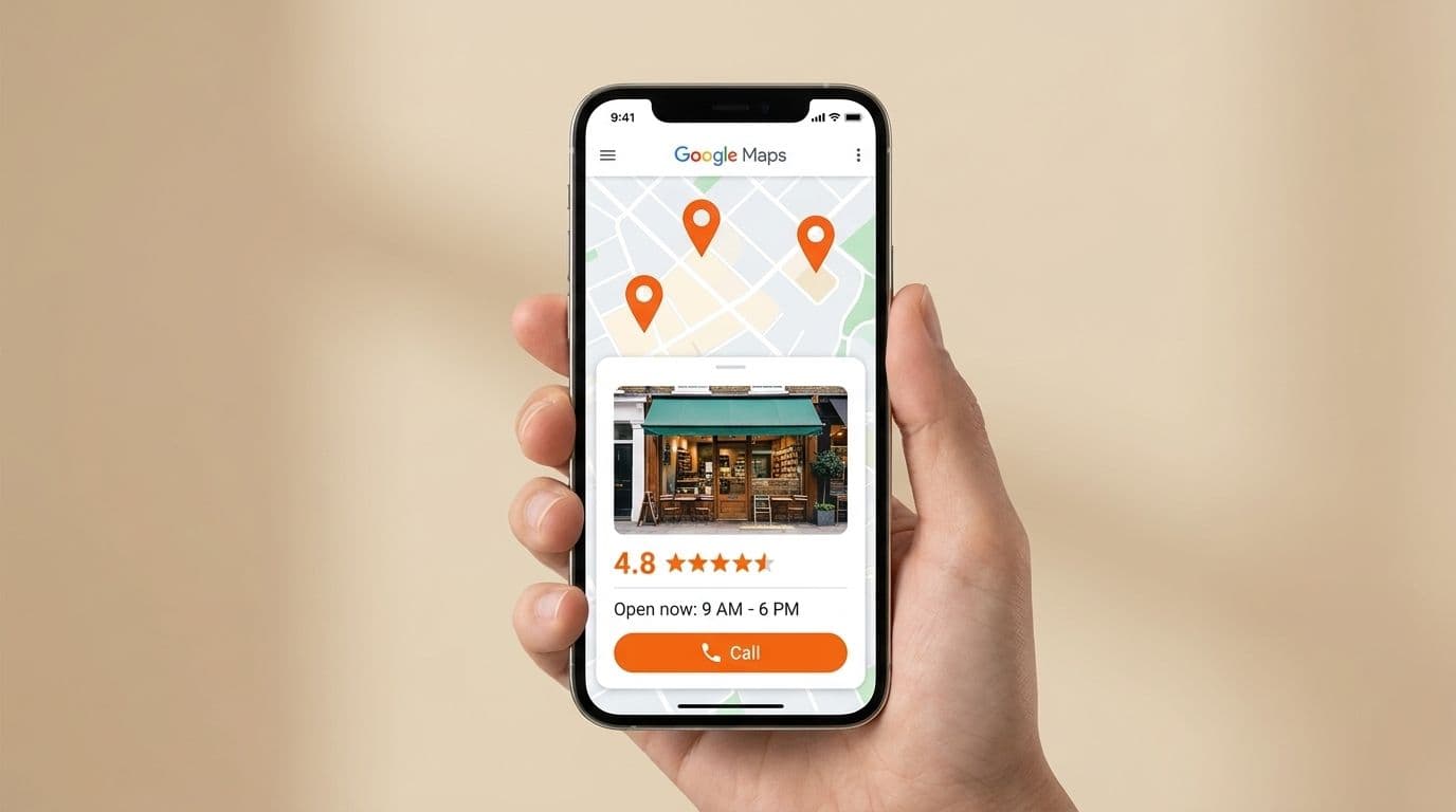 Google Maps showing a local business listing with photos reviews and contact details on a smartphone screen
