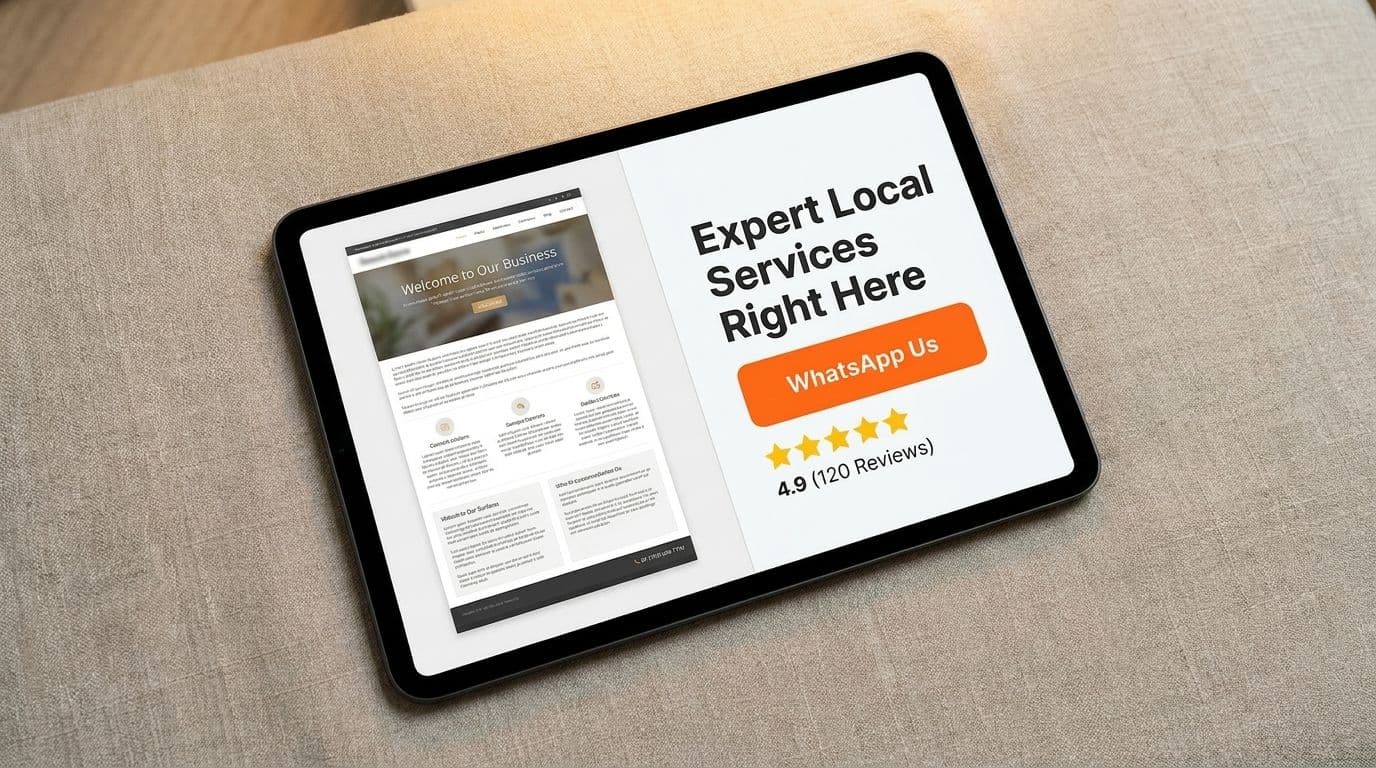 Split screen showing a poor local business website versus a clean converting website with WhatsApp CTA button